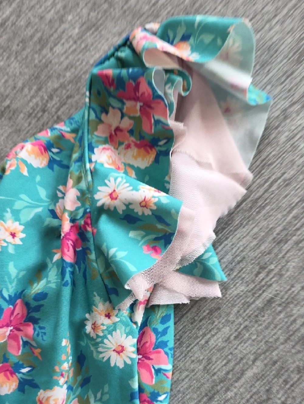 Ruffle Butts Teal Floral One-Piece Swimsuit with Pink Ruffles Little Girl Size 5 - Picture 6 of 8